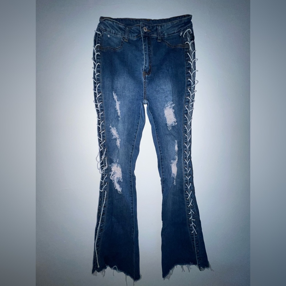 Lace Up Ripped Flare Jeans
